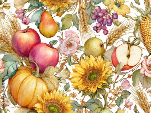 Watercolor autumn harvest pattern with pumpkins, apples, pears, and sunflowers