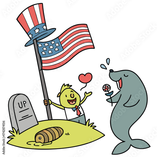 Cartoon walrus receiving lollipop from person holding American flag at grave vector