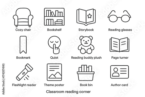 Classroom reading corner essentials: cozy chair, bookshelf, storybook, reading glasses