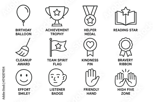 Reward symbols: achievement trophy, birthday balloon, kindness pin, bravery ribbon, listener badge
