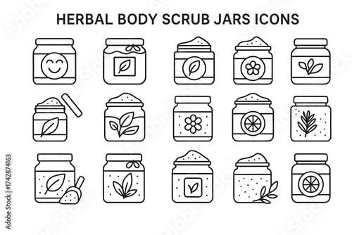 Herbal body scrub jars icons set with leaf and floral designs