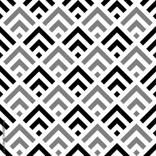 Seamless Chinese window tracery pattern design. Repeated black diamonds and angle brackets on white background. Scallop ornament. Image with scales. Ancient japanese scallops motif. Squama. Vector art