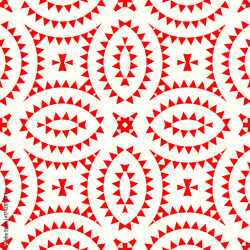 Seamless pattern. Ovals, checks ornament. Rings background. Embroidery wallpaper. Mosaics motif. Geometrical backdrop. Triangle shapes digital paper. Figures web designing. Ethnic textile print.