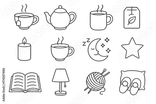 Cozy tea and relaxation icons: teapot, mug, candle, moon, and pillow illustrations