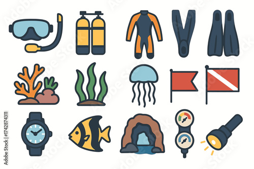 Scuba diving equipment icons: snorkel, wetsuit, fins, dive flags, marine life