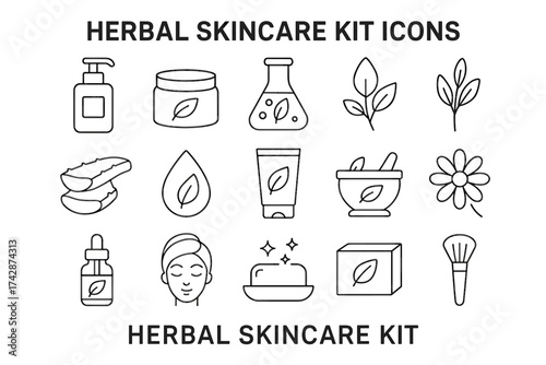 Herbal skincare kit icons: natural ingredients and beauty tools