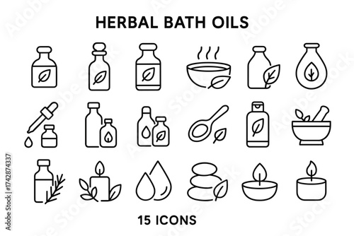 Collection of 15 herbal bath oil icons in minimalist line art style