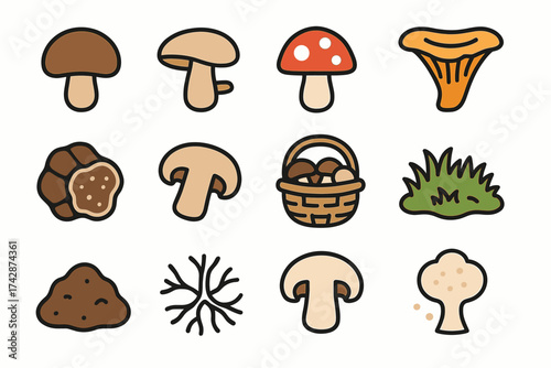 Colorful cartoon mushroom variety set with basket and nature elements