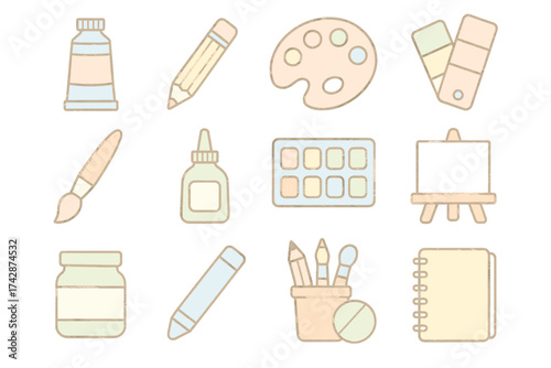 Assorted art supplies on white background: brushes, palette, pencils, canvas, paints, notebook