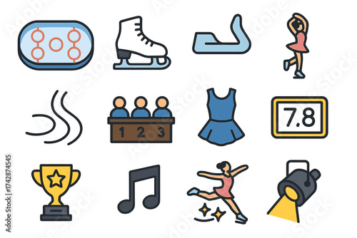 Figure skating icons set: elements, accessories, and symbols for ice sports enthusiasts