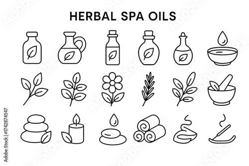 Herbal spa oils: essential aromatherapy elements and natural relaxation icons