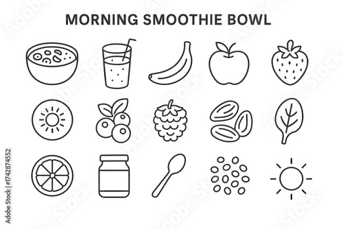 Morning smoothie bowl ingredients: fruits, seeds, and smoothies