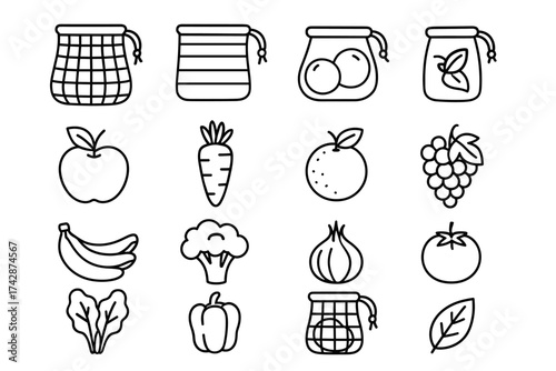 Reusable produce bags and fruits illustration: eco-friendly shopping icons