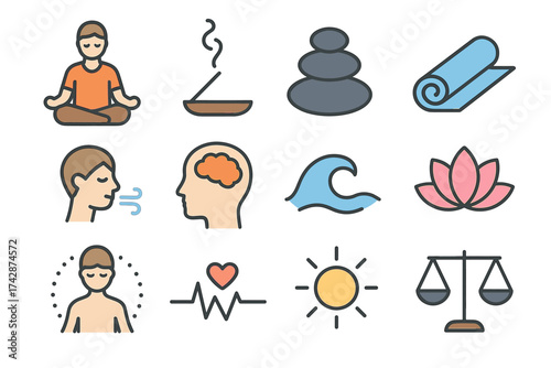 Mindfulness and wellness icons: meditation, yoga, relaxation symbols