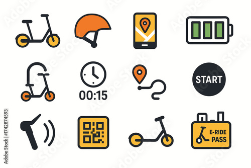 Electric scooter rental icons: helmet, navigation, battery, qr code, route