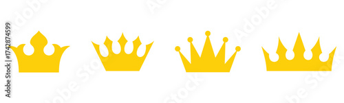  Set of vector crown icons. Royal luxury vintage crown icons.  Classic modern isolated crown icons set. Glowing golden isolated king and queen vector crown icon set on white background.