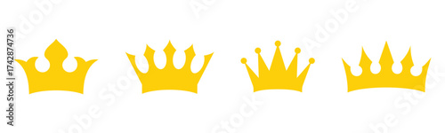  Set of vector crown icons. Royal luxury vintage crown icons.  Classic modern isolated crown icons set. Glowing golden isolated king and queen vector crown icon set on white background.