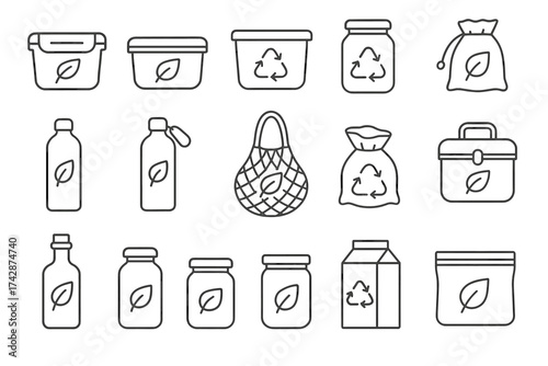 Outline style icons of eco-friendly packaging and reusable containers