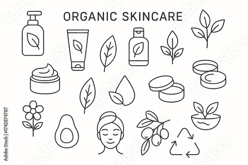 Organic skincare icons: natural beauty elements and eco-friendly symbols