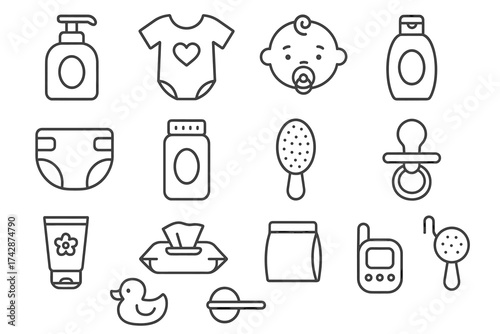 Baby care essentials icons: onesie, bottle, pacifier, diaper, duck, soap dispenser line art