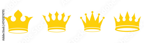  Set of vector crown icons. Royal luxury vintage crown icons.  Classic modern isolated crown icons set. Glowing golden isolated king and queen vector crown icon set on white background.
