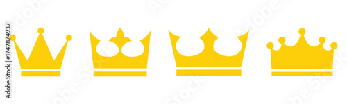 Glowing golden isolated king and queen vector crown icon set on white background. Set of vector crown icons. Royal luxury vintage crown icons.  Classic modern isolated crown icons set. EPS 10. 