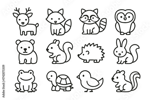 Cute outline animal icons: deer, fox, raccoon, owl, bear, squirrel, hedgehog, rabbit, frog, turtle, bird