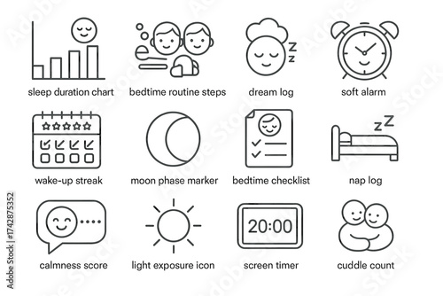 Icons representing sleep routine tools and tracking features