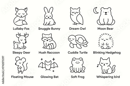 Cute animal icons: fox, bunny, owl, bear, deer, raccoon, turtle, hedgehog, mouse, bat, frog, bird