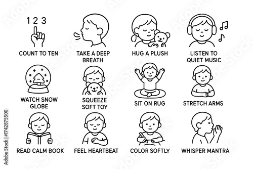 Simple calming techniques for kids illustrated in black and white