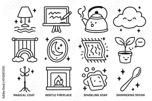 Illustrated icons of household objects and nature elements with magical and shimmering effects