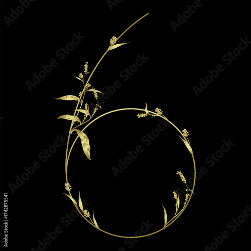 Digit 6 with floral motifs. Numeral six. Botanical font with herbs and wildflowers. Blooming branches of Polygonum plant. Knotweed or Smartweed flower. Golden glossy silhouette on black background.