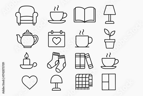 Cozy home icons set featuring armchair, coffee, books, lamp, plant, and more