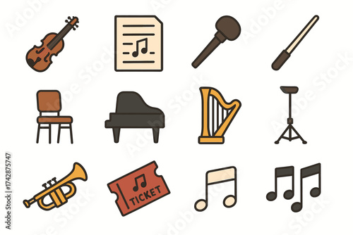 Musical instruments and accessories icons: violin, mic, piano, harp, trumpet, sheet music
