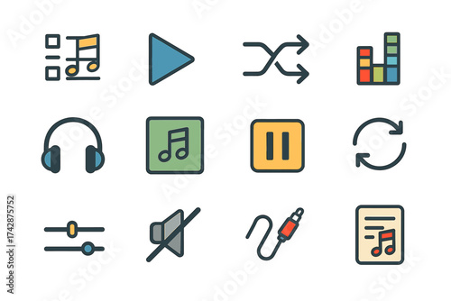 Music app icons set: play, shuffle, headphones, equalizer, volume