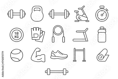 Fitness icon set: dumbbells, kettlebell, exercise bike, timer, jump rope, treadmill, sneakers, yoga mat