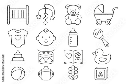 Set of 16 baby-themed icons including toys, clothing, and accessories