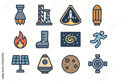 Space exploration icons set: rocket, launch pad, solar panel, astronaut boot, galaxy, moon