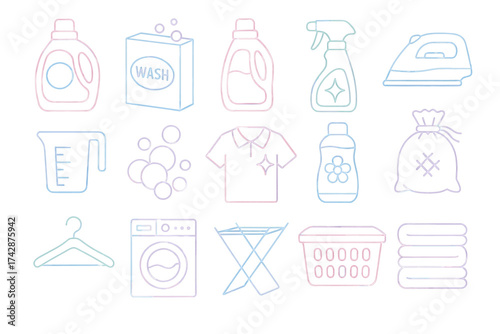 Essential laundry icons: detergent, washer, iron, clothes, baskets, hanger, drying rack