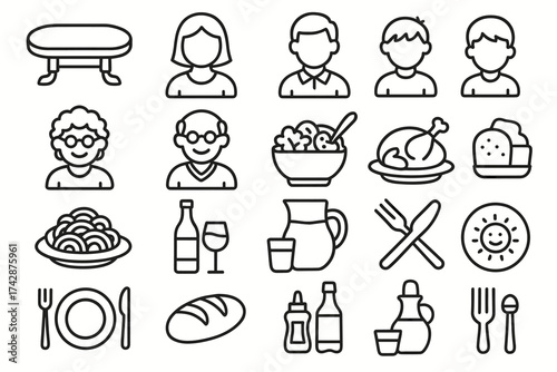 Outline icons of dining items and people: tableware, food, beverages, diverse individuals