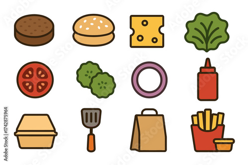 Fast food icons set: burger, cheese, vegetables, and condiments illustration