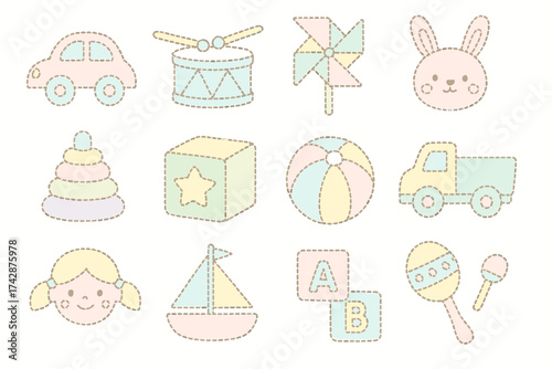 Pastel toy icons: car, drum, pinwheel, bunny, pyramid, cube, beach ball, truck, girl, sailboat, abc blocks, maraca