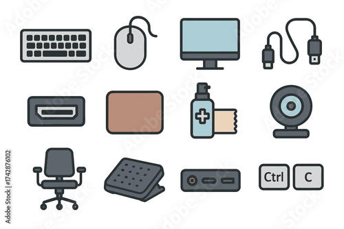 Office equipment icons collection: keyboard, mouse, monitor, webcam, chair, footrest, usb