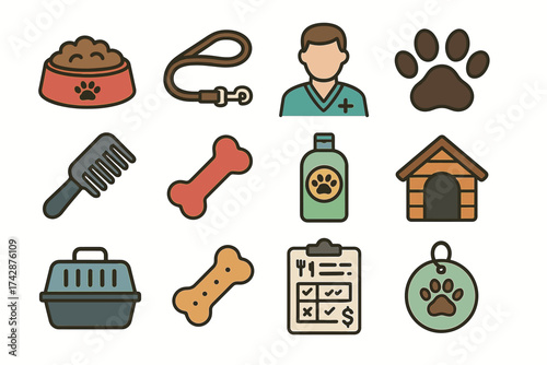 Pet care essentials icons: grooming, health, shelter, and accessories