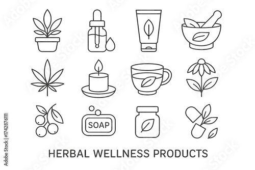 Herbal wellness products line art: soap, tea, candle, skincare, herbs