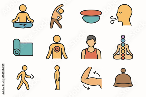 Icons depicting yoga, relaxation, meditation, and exercise practices