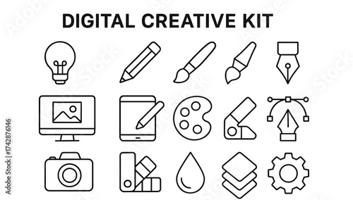 Digital creative kit icons: tools for design and illustration projects