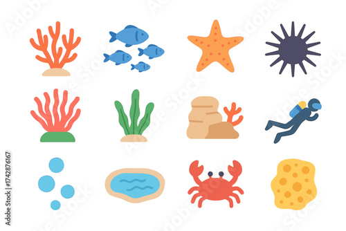 Colorful marine life icons featuring coral, fish, starfish, diver, and crab