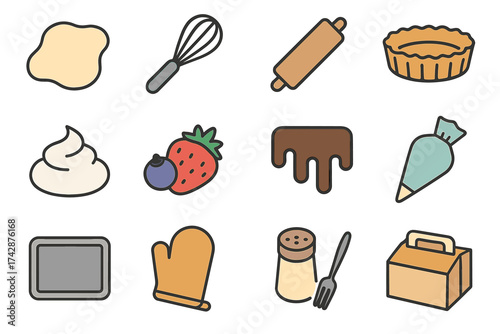 Colorful baking icon set featuring tools and ingredients