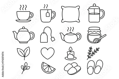 Tea and relaxation icons: cups, teapots, pillows, honey, and aromatherapy symbols